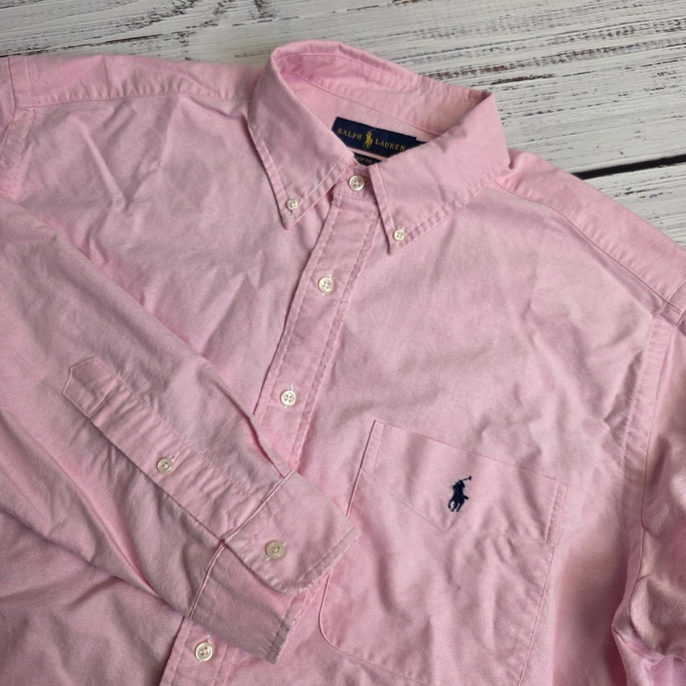 Ralph Lauren Long Sleeve Button Down Shirt Mens Large Pink Easy Fit Chest Pocket